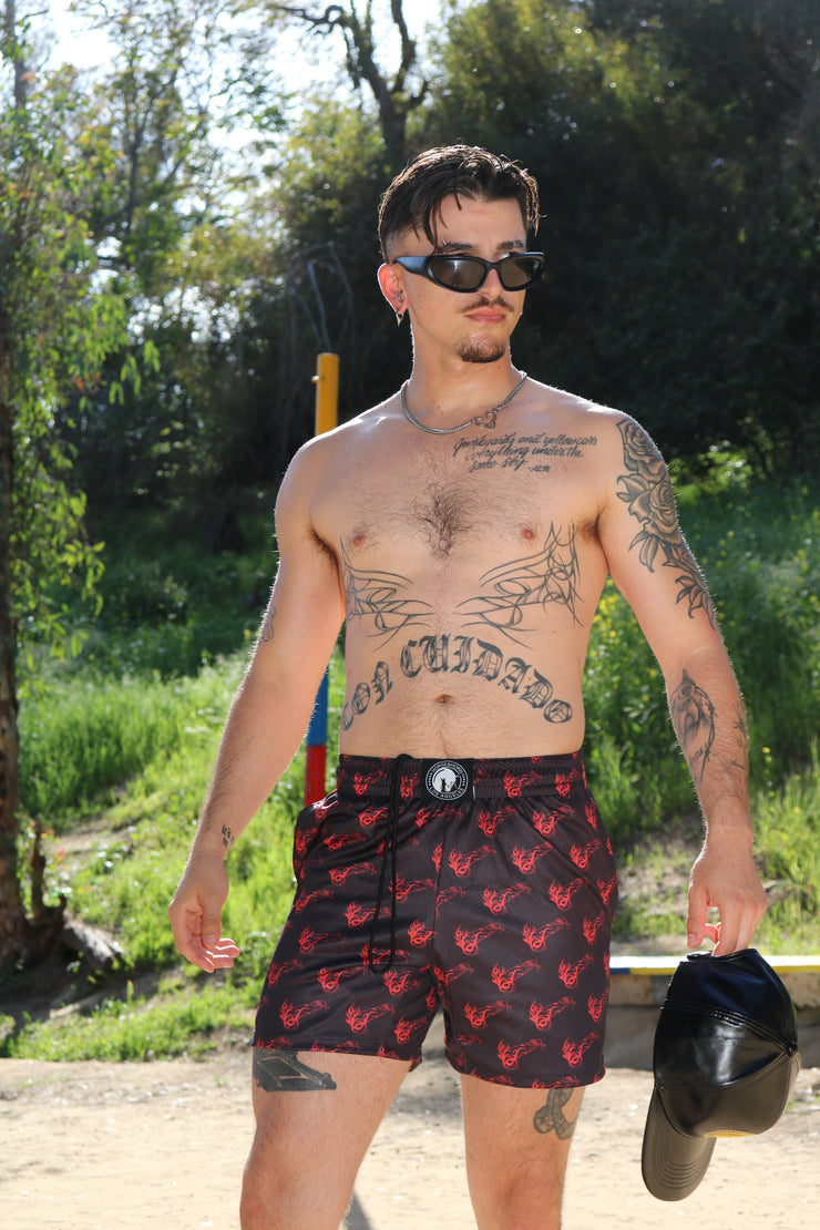 TRIBAL TATTOO FLAMING COCK PRINTED SHORT BLK/RED