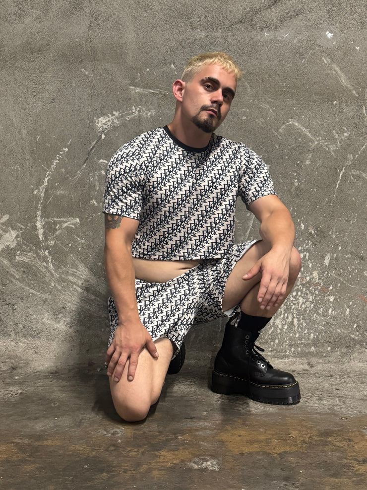 DESIGNER IMPOSTER "DICK" CLASSIC LOGO PRINT CROP TOP NAVY