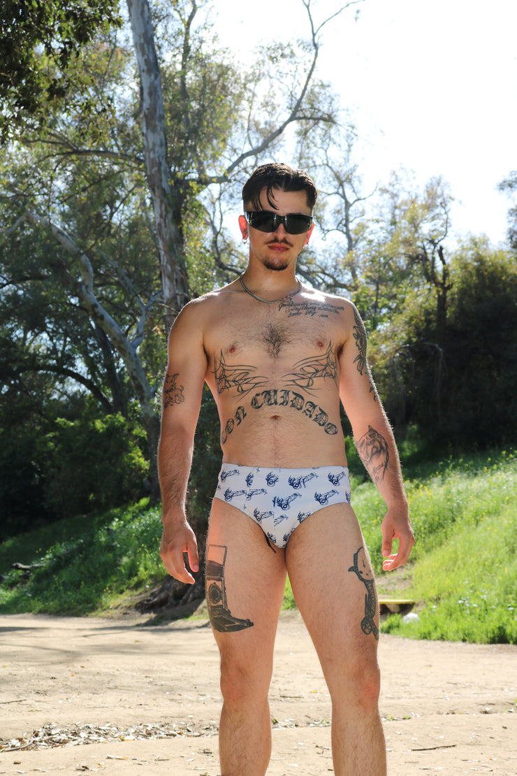 TRIBAL FLAMING TATTOO COCK PRINT SWIM BRIEF WHT/ INK