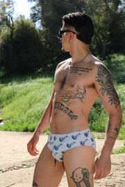 TRIBAL FLAMING TATTOO COCK PRINT SWIM BRIEF WHT/ INK
