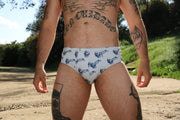 TRIBAL FLAMING TATTOO COCK PRINT SWIM BRIEF WHT/ INK