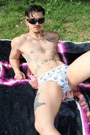 TRIBAL FLAMING TATTOO COCK PRINT SWIM BRIEF WHT/ INK