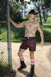 TRIBAL TATTOO FLAMING COCK PRINTED SHORT BLK/RED