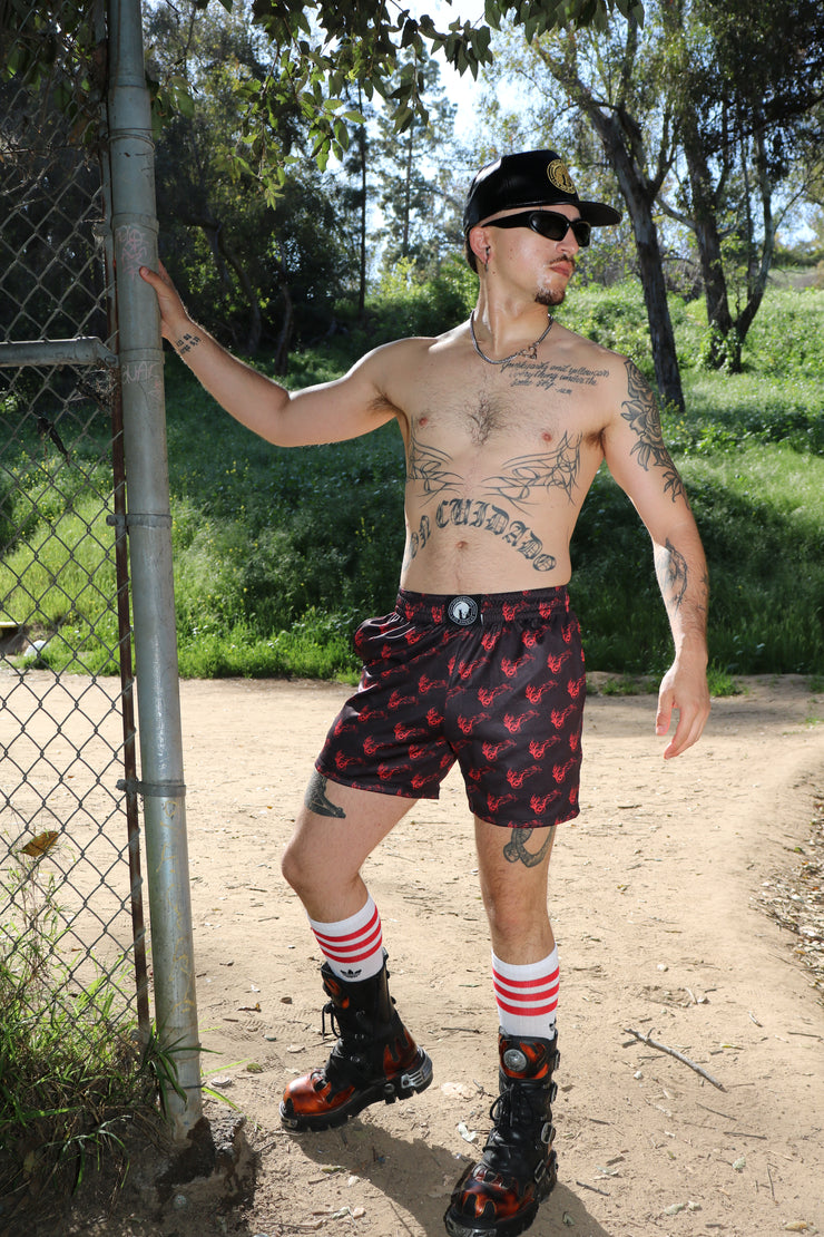 TRIBAL TATTOO FLAMING COCK PRINTED SHORT BLK/RED